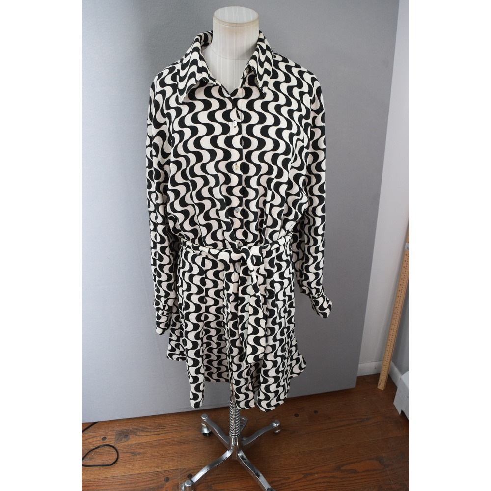 H&M Dress Womens XL Black White Wave Print Long Sleeve Belted Shirt Dress Retro